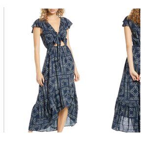 Surf Gypsy Maxi Long Boho Peekaboo High-Low Hem Navy Blue Cream Dress FREE SHIP